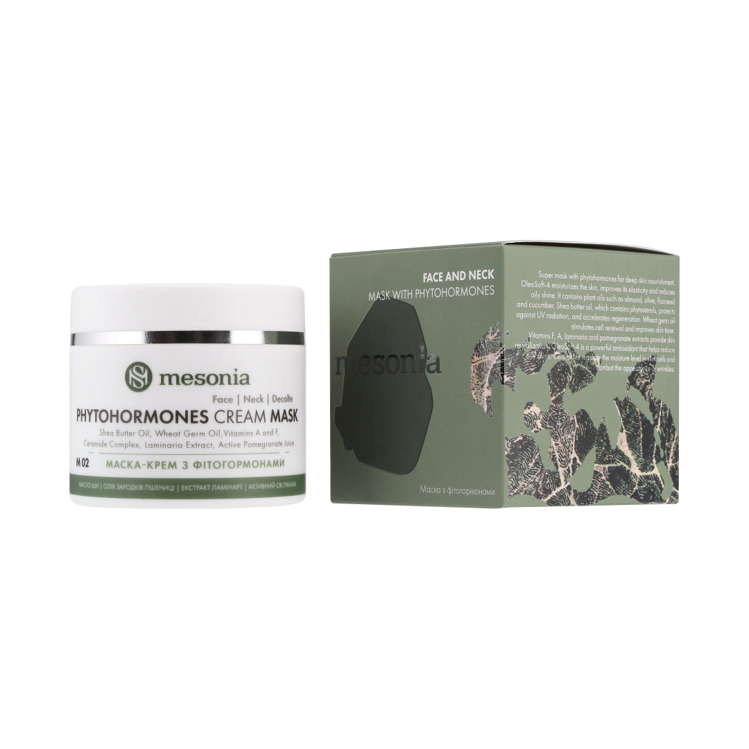 Mask with phytohormones, ceramides moisturizes, improves skin elasticity, antioxidant, shea oil, wheat germ, vitamins F and A, kelp extract, pomegranate, extracts of almonds, olives, flax, cucumber