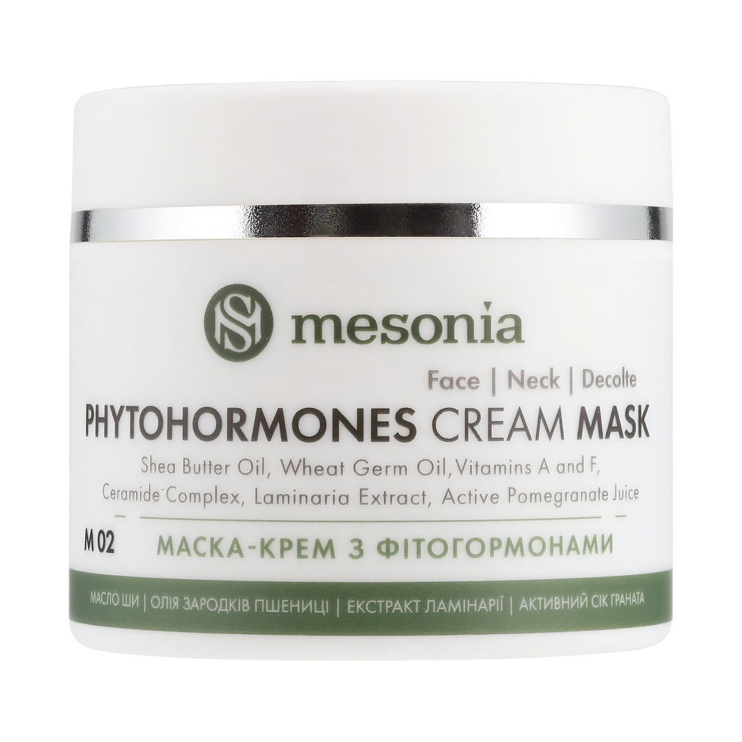 Mask with phytohormones, ceramides moisturizes, improves skin elasticity, antioxidant, shea oil, wheat germ, vitamins F and A, kelp extract, pomegranate, extracts of almonds, olives, flax, cucumber